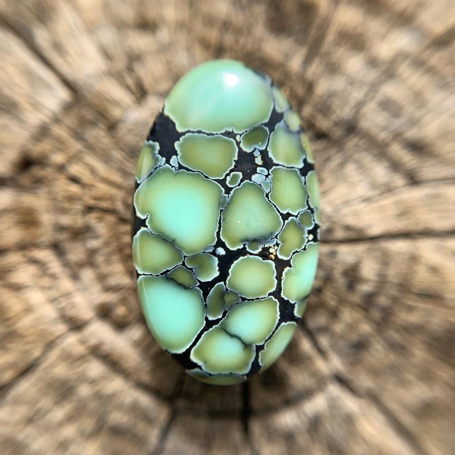 Polished variscite cabochon from the Colina Verde mine, Nevada